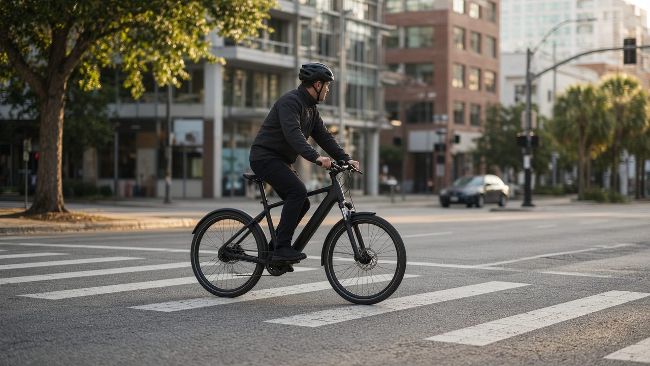 Helmeted rider pressing the pedal of a step-through e-bike at a city crosswalk