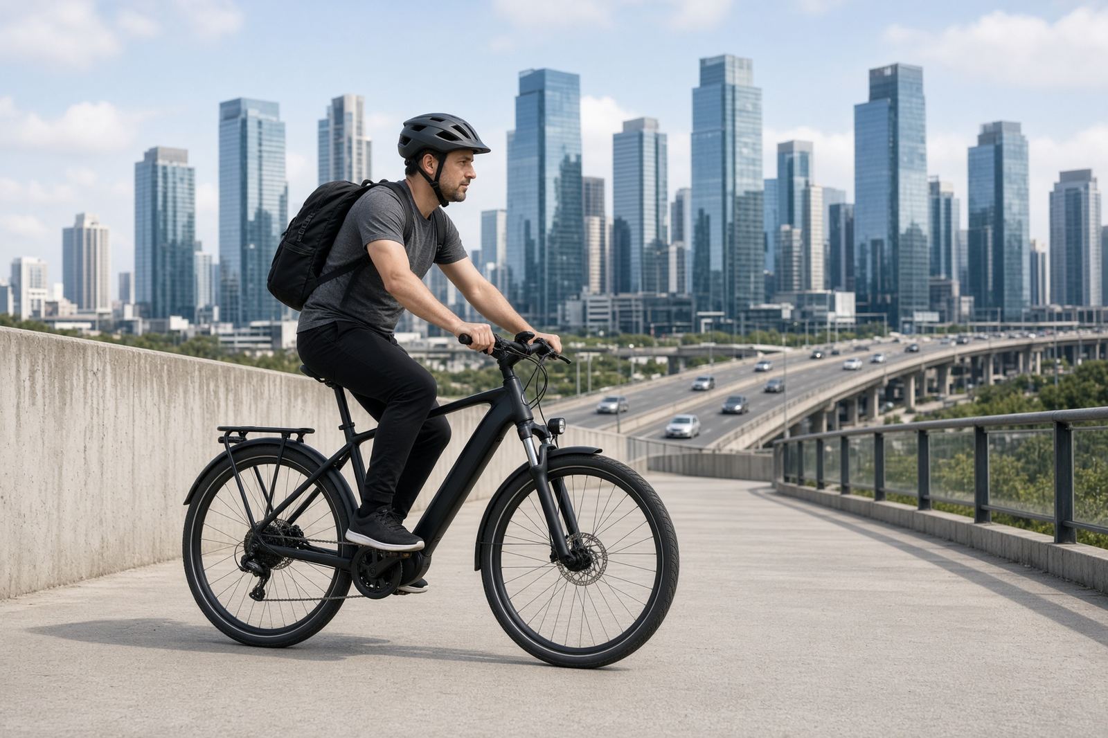 Cyclist commuting on a city street at dusk