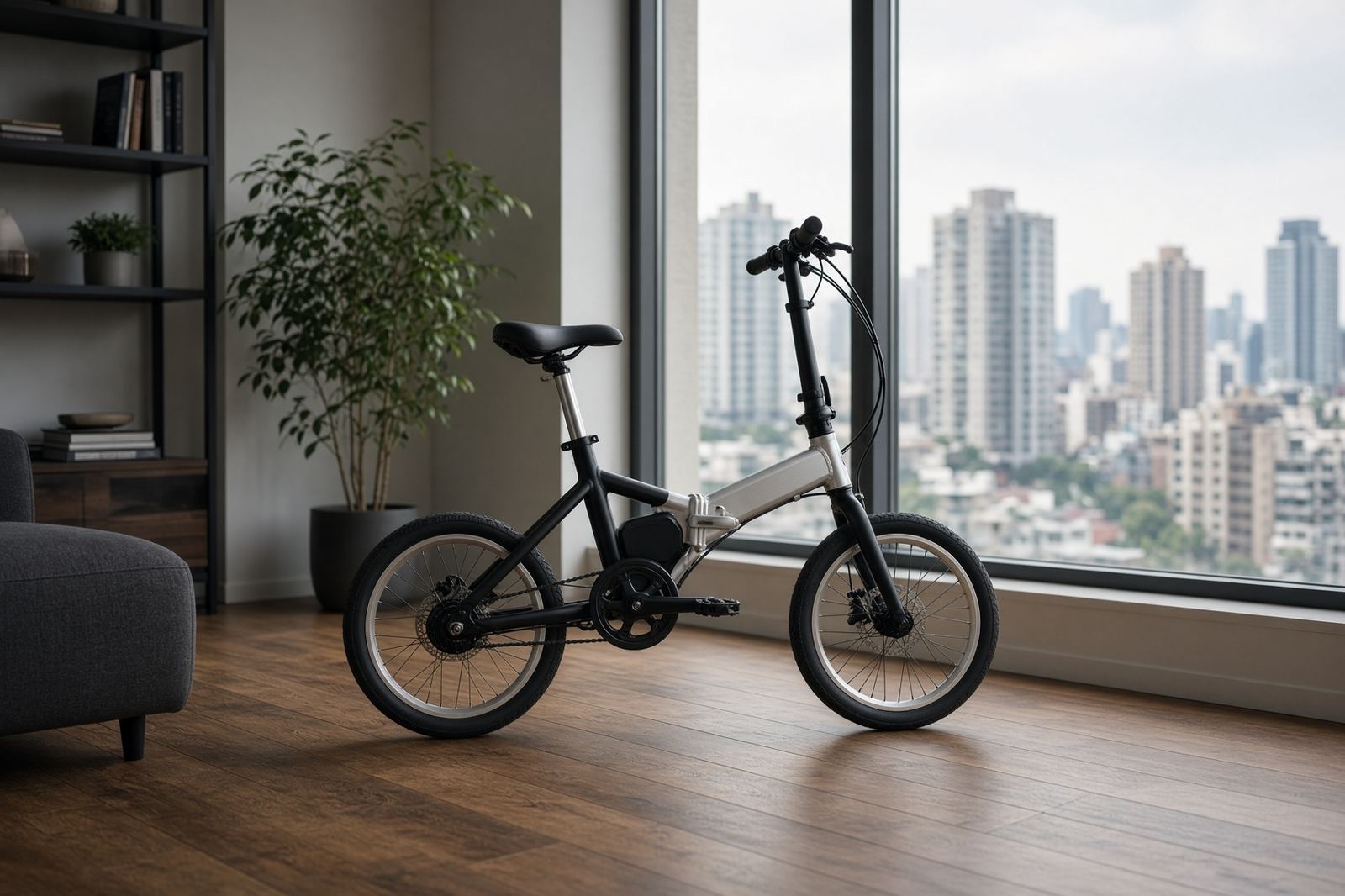 Folding electric bike stored in a small apartment