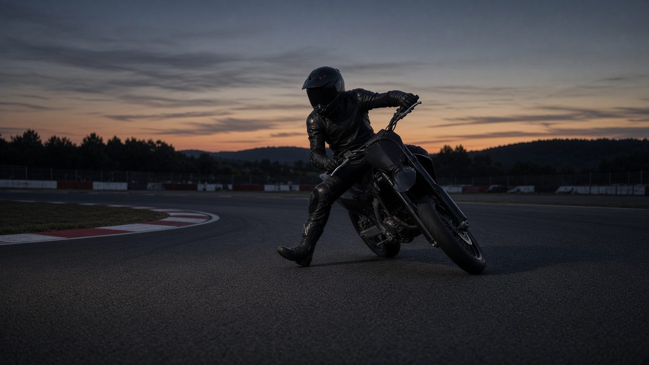 Illustration of a helmeted rider on a supermoto with the inside boot extended and both hands on the handlebars
