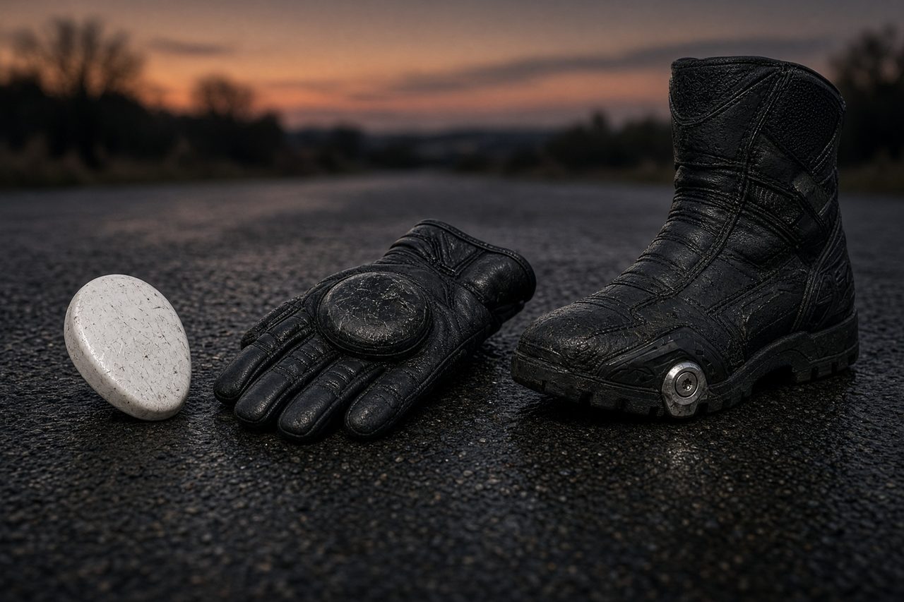 A knee slider puck, a leather glove with a palm puck, and a motocross boot with a toe slider on asphalt